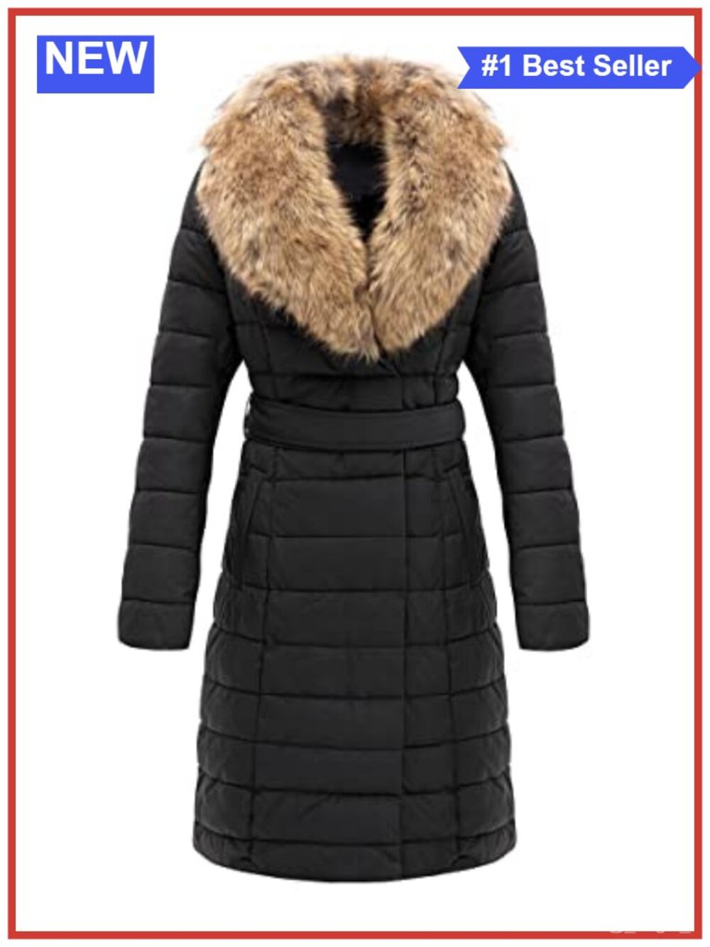 Bellivera Faux Leather Quilted Puffer Long Winter Coat Removable Fur Collar